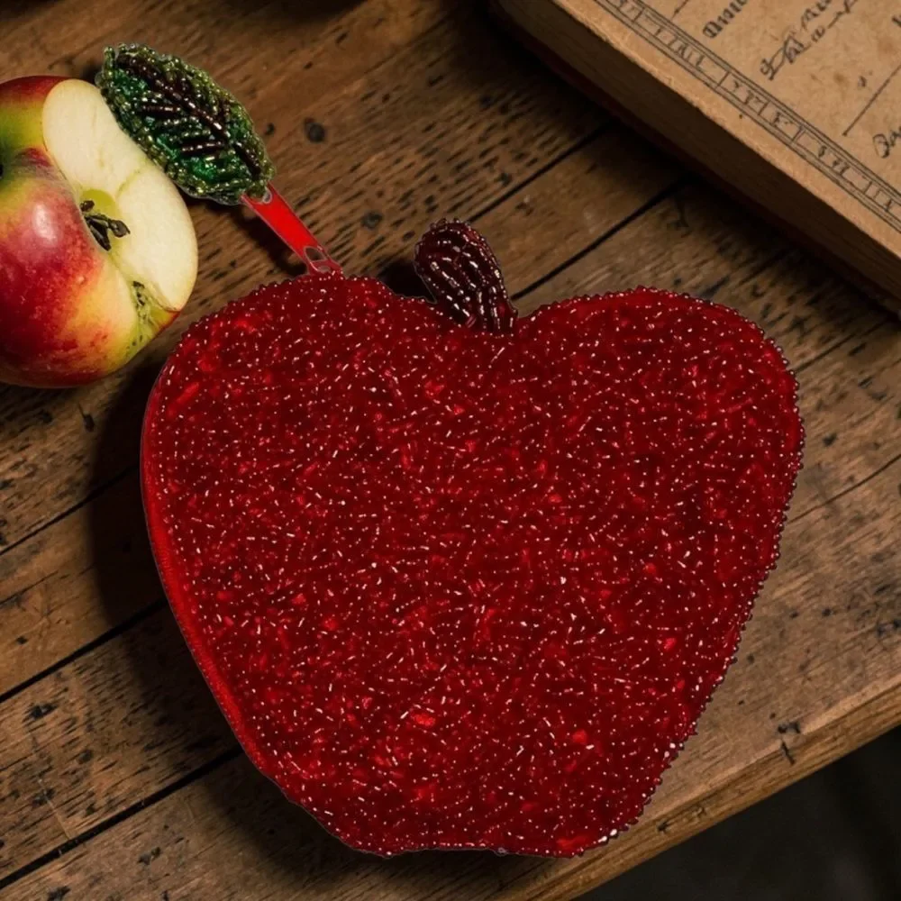 Vintage Apple Coin Purse Red Glass Seed Beads Kitsch Fruit Novelty Zipper Pouch